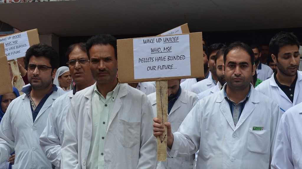 

Doctors from all the government hospitals in Srinagar are protesting the use of pellet guns on the Kashmiri youth. (Photo Courtesy: Pradeepika Saraswat)