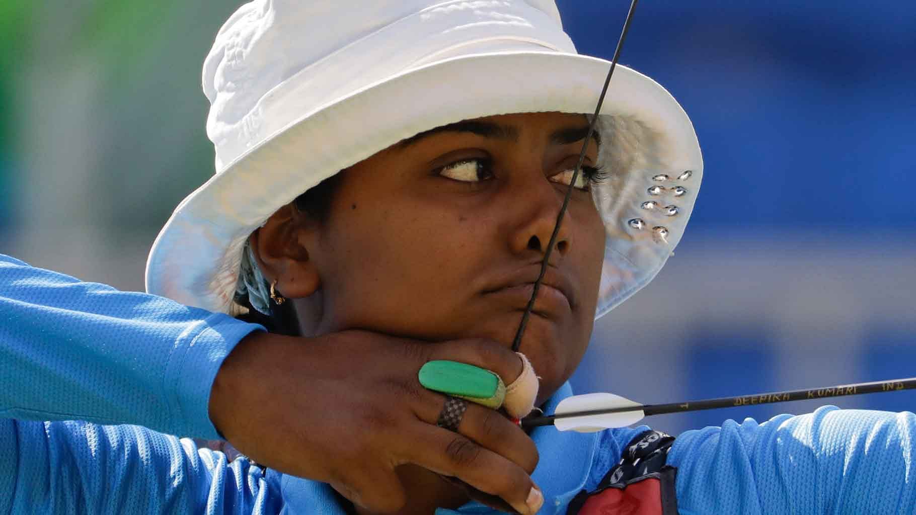 Deepika Kumari aims for the target during the women’s team archery competition at the Sambadrome venue during the 2016 Summer Olympics in Rio de Janeiro, Brazil, on 7 August 2016. (Photo: AP)