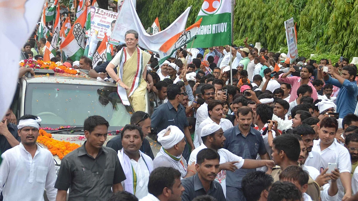 Congress President Sonia Gandhi during a roadshow in Varanasi on 2 August, 2016. (Photo: IANS)