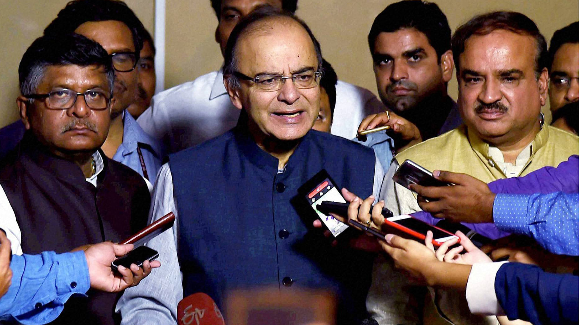 Finance Minister Arun Jaitley addressing a press conference at Parliament House after the Goods and Services Tax (GST) bill was passed by the Rajya Sabha. (Photo: PTI) 
