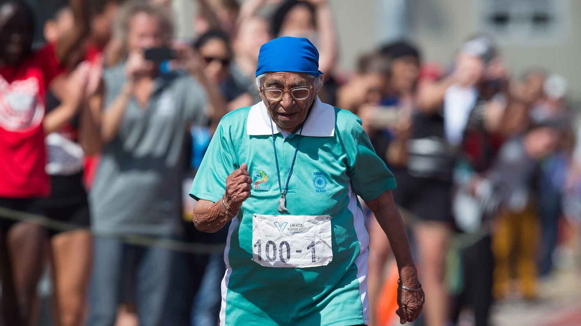 Man Kaur competes in the 100-meter track and field event at the Americas Masters Games in Vancouver. (Photo: AP)