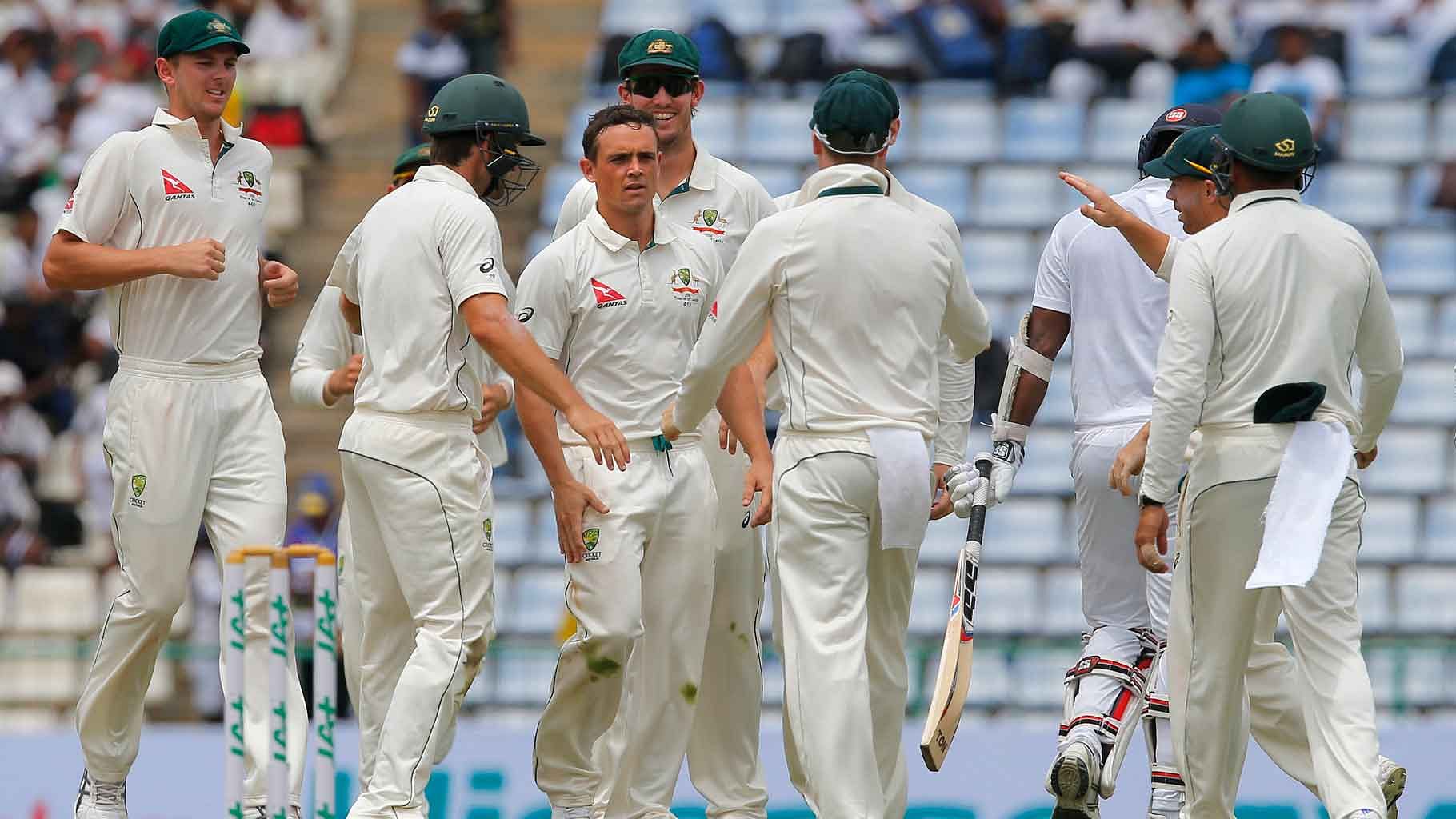 Australian spinner Steve O’Keefe celebrates after grabbing a wicket in the 1st Test Match against Sri Lanka. (Photo: AP)