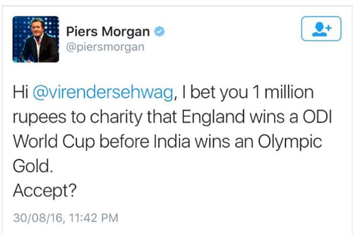 Piers Morgan went down while trying to troll Virender Sehwag. 