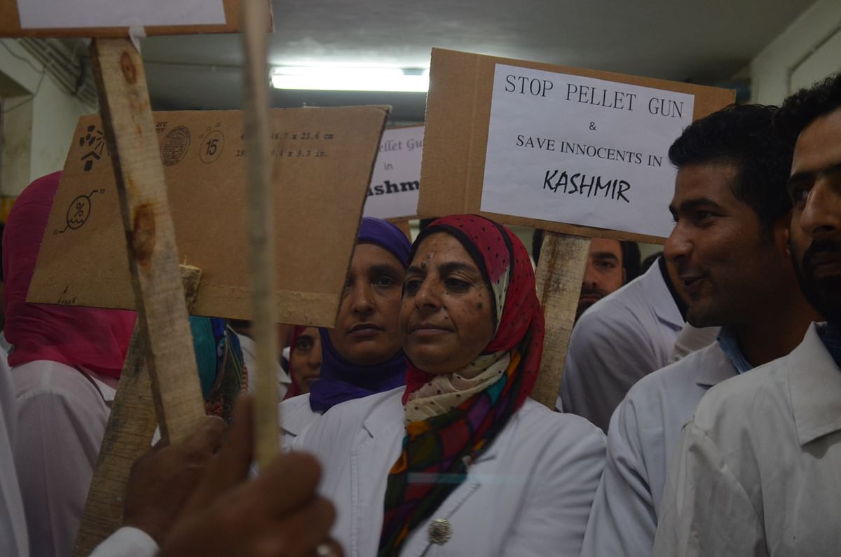 The protesters  ask WHO, UNICEF and MSF to sit up and pay attention to the brutal use of pellets in Kashmir.