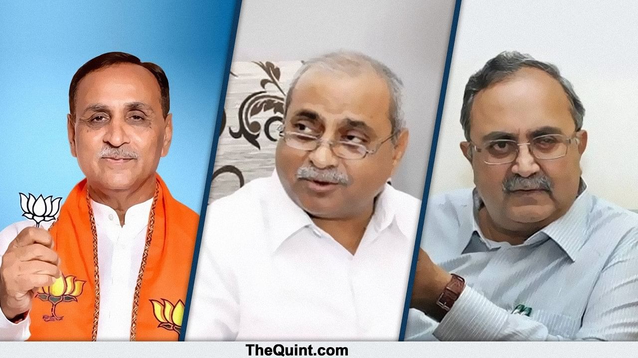 Frontrunners for the office of Gujarat CM (L-R) Vijay Rupani, Nitin Patel and Saurabh Patel.  (Photo: Altered by <b>The Quint</b>)