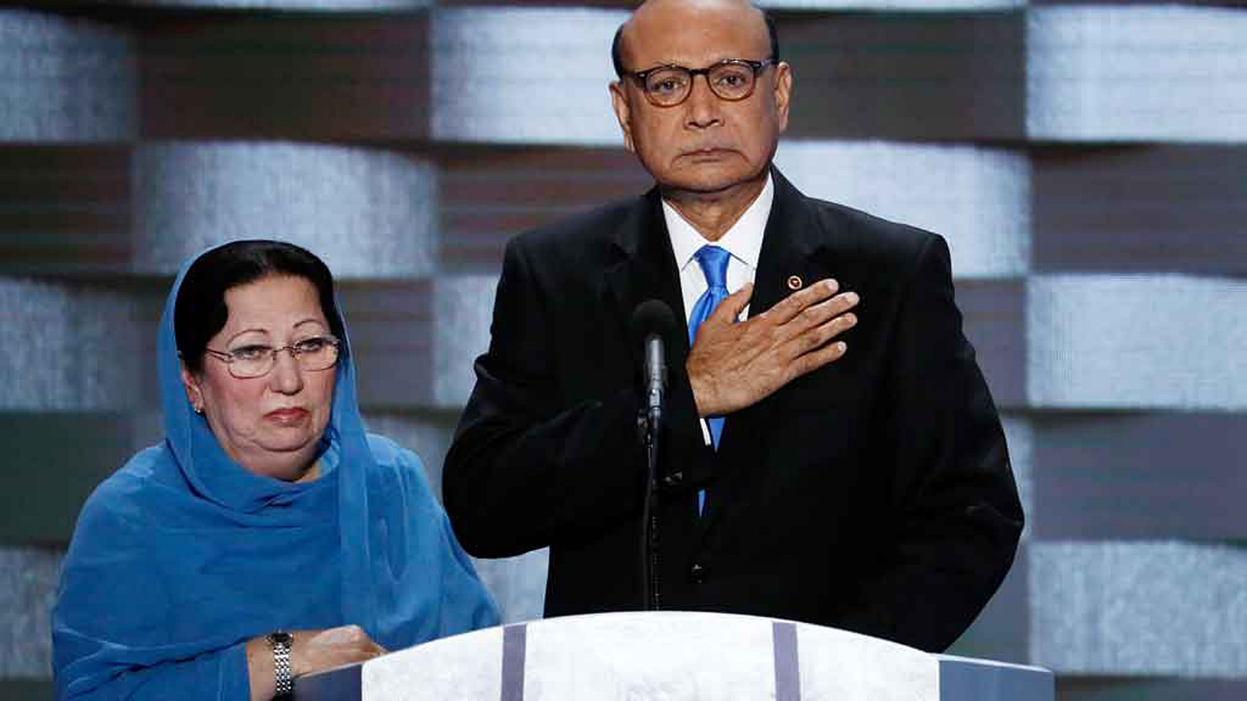 Parents of  US Army Captain, Humayun Khan who was killed by a bomb in Iraq in 2004 speak at the Democratic convention. (Photo: AP)