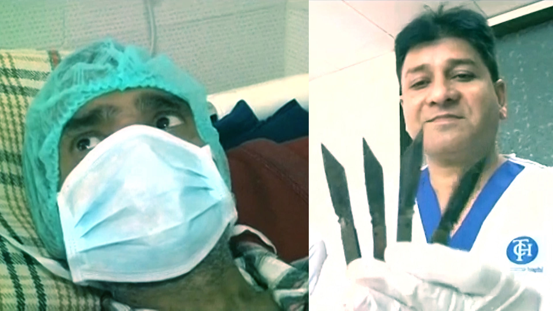 Doctors in Amritsar took out 40 knives from the stomach of Surjeet Singh (left). (Photo: ANI, altered by <b>The Quint</b>)