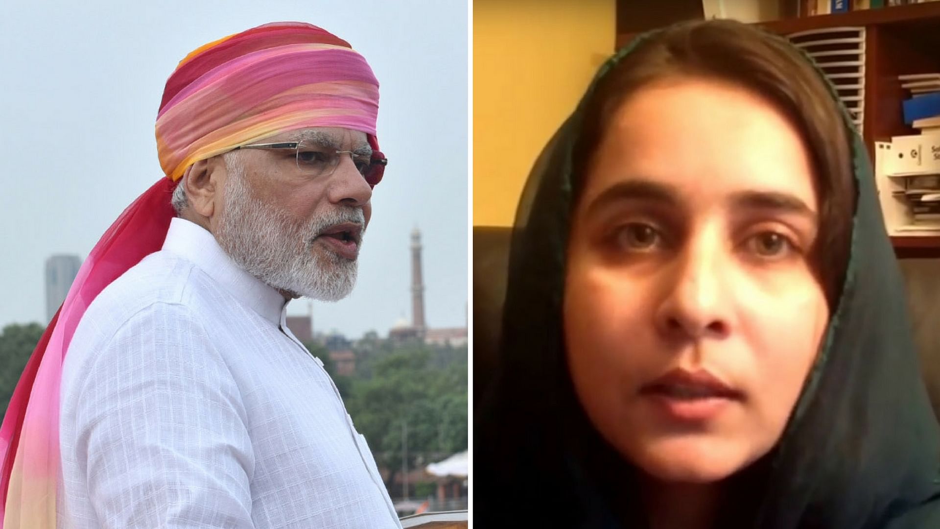 Prime  Minister Narendra Modi during his Independence Day speech (L), political activist from Balochistan, Karima Baloch. (Photo: Altered by <b>The Quint</b>)