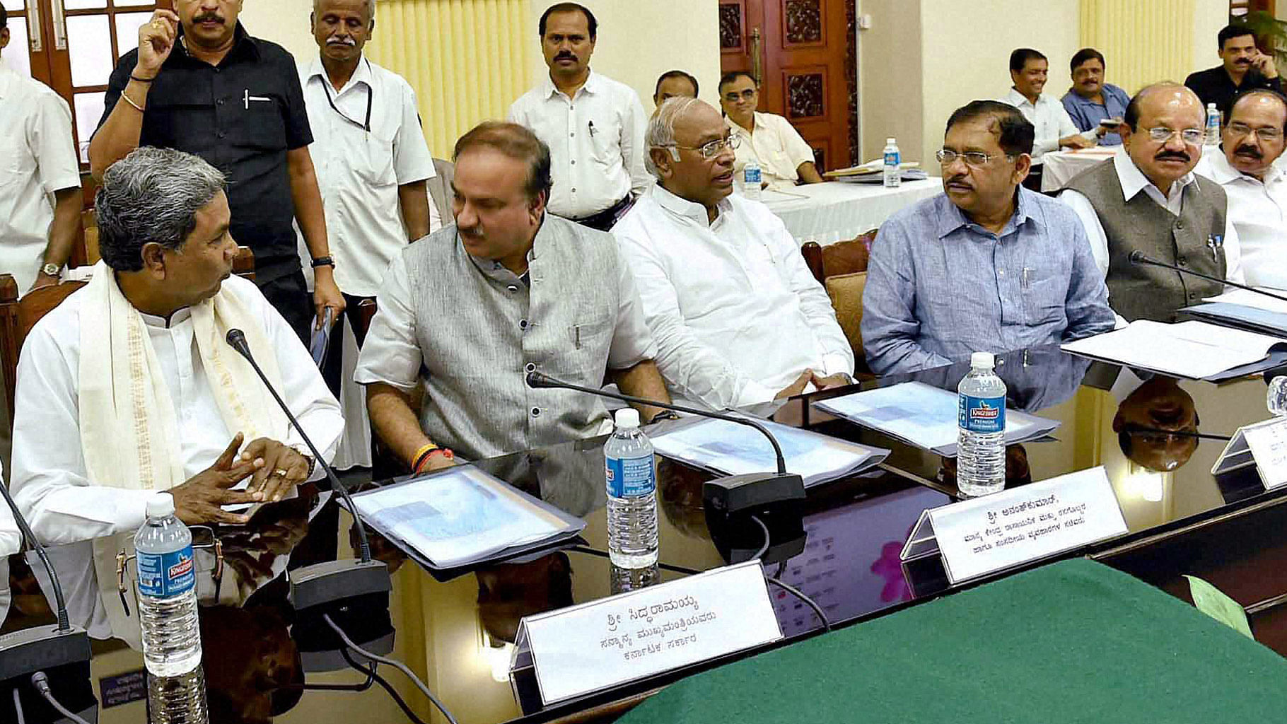 Karnataka CM  S Siddaramaiah (extreme left)  and Union Minister Anantha Kumar (second from right)  during an all-party meeting on Cauvery water dispute in Bangalore. (Photo: PTI)