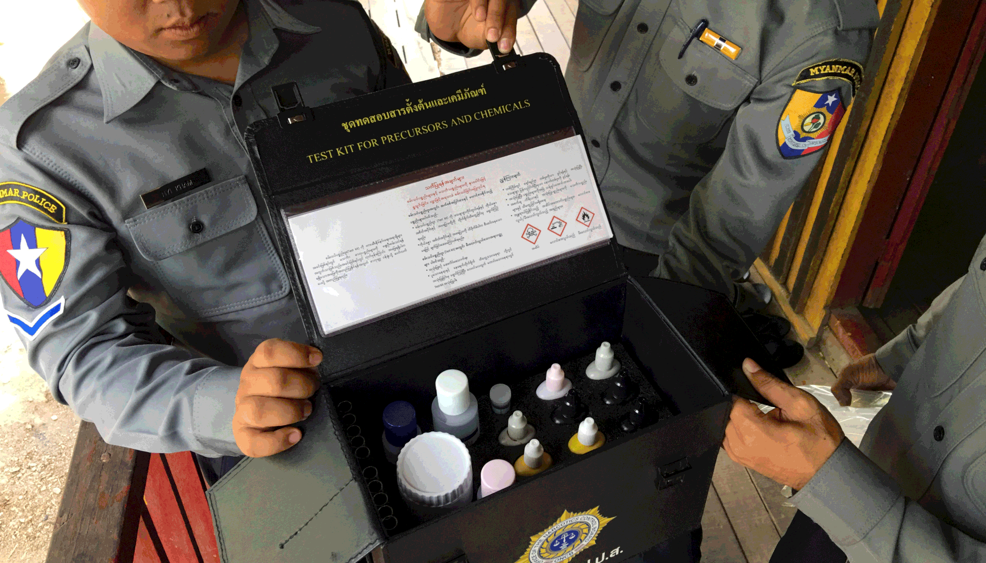 Police in Myanmar’s Tamu district show a test kit used to identify pseudoephedrine in Myanmar’s Chin State, near the border with India. (<i>Photo: Reuters</i>)