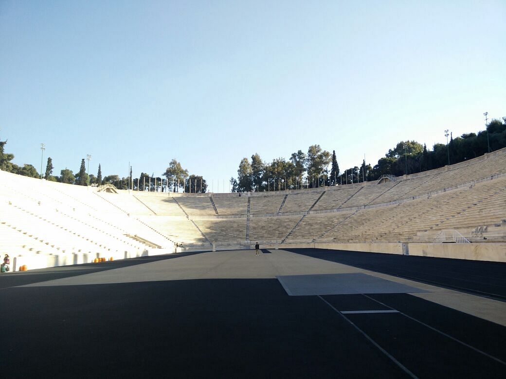 The mythical Olympic stadium in Athens is in an unusual place: bang in the middle of a traffic intersection. 