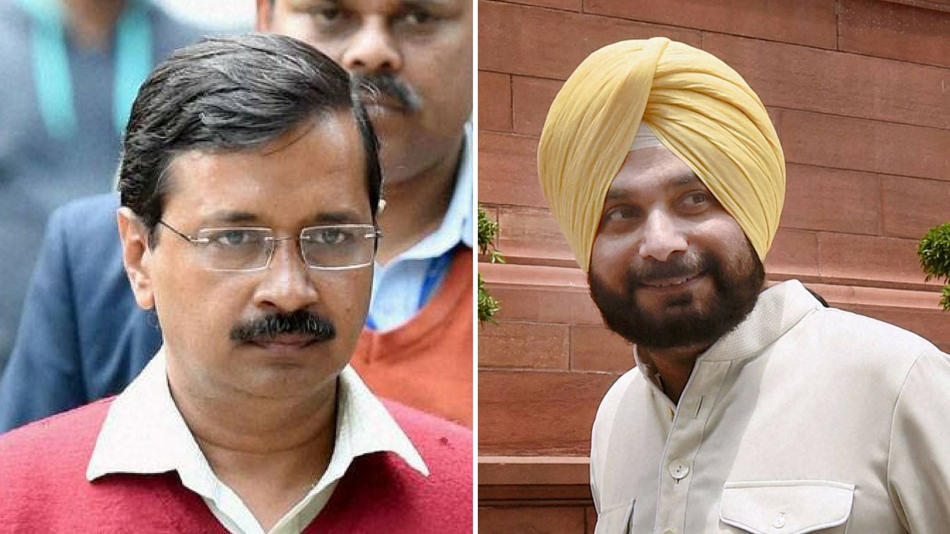 Delhi Chief Minister Arvind Kejriwal (L) and Navjot Singh Sidhu. (Photo: Altered by <b>The Quint</b>)