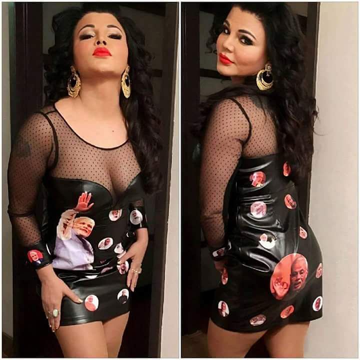 Rakhi Sawant’s dress is plastered with images of Prime Minister Modi at awkward places.