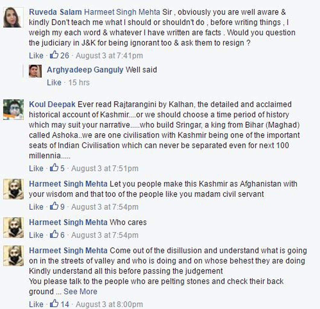 An  IAS woman officer and a police officer, both from Kashmir, exchanged heated words on Facebook over the unrest.