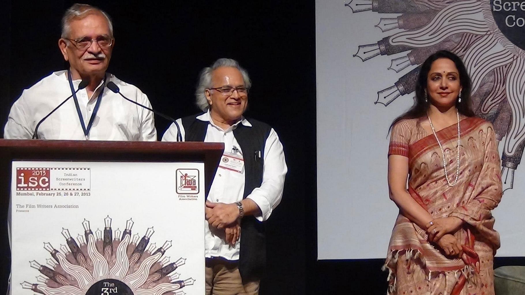 Gulzar, Kamlesh Pandey and Hema Malini at the 3rd Indian Screenwriters Conference. (Photo courtesy: Facebook/FilmWritersAssociation)
