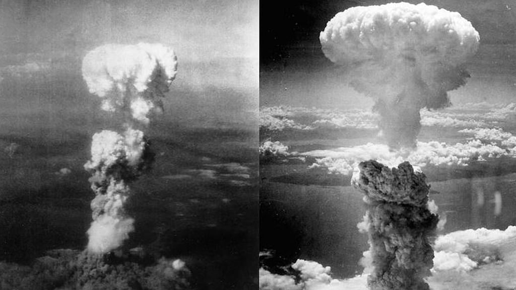 The mushroom clouds at Hiroshima (Left) on 6 August 1945 and Nagasaki on 9 August 1945. 