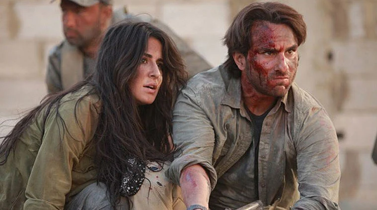 Saif Ali Khan with Katrina Kaif in a still from <i>Phantom</i>, his last released film. 