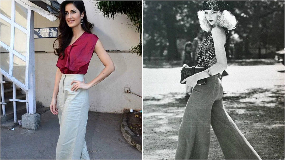 Katrina Kaif (left), a model showcases flared pants by the English brand BIBA (right).(Photo Courtesy: Pinterest.com)