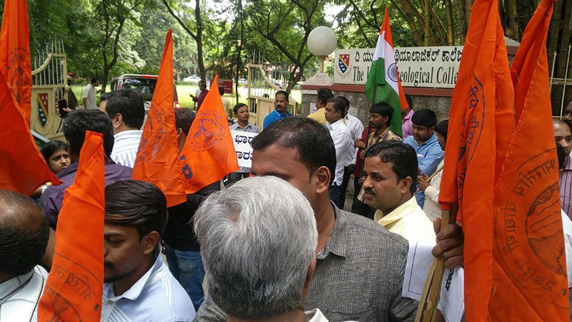 Members of the ABVP protested outside the United Theological College on Millers Road on Sunday morning. (Photo: The News Minute)