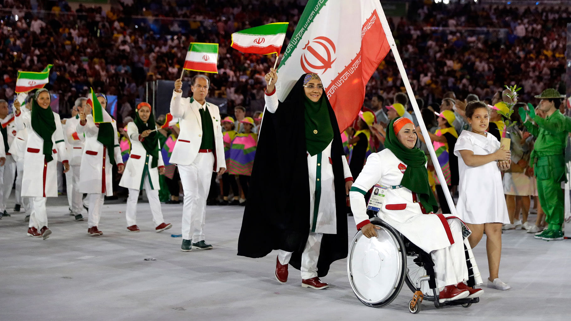 

Zehra Nemati leads the Iranian Contingent during the opening ceremony of Rio Olympics. (Photo: AP)