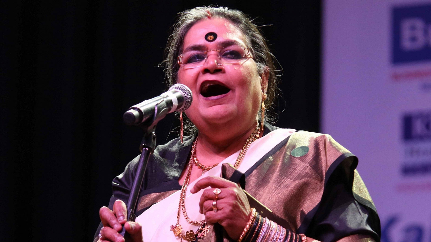 Singer Usha Uthup performs during a programme organised by PHD Chamber at Siri Fort Auditorium in New Delhi.&nbsp;