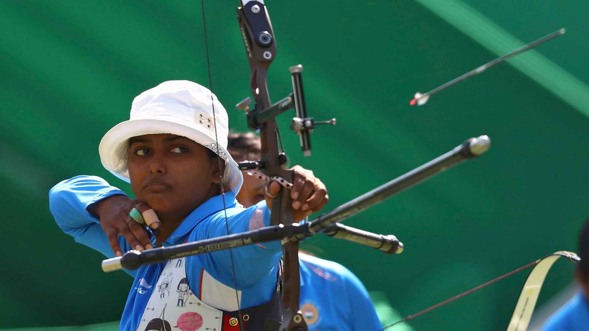 Former world number 1 Deepika Kumari in action during the team event on Sunday. (Photo: Reuters)