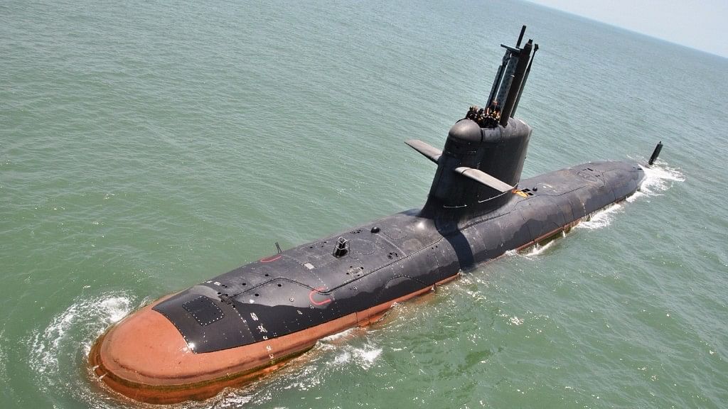 

“Kalvari”, the Scorpene class submarines ventures into the sea for the first time as sea trials begin off Mumbai coast, 1 May 2016. (Photo: IANS)