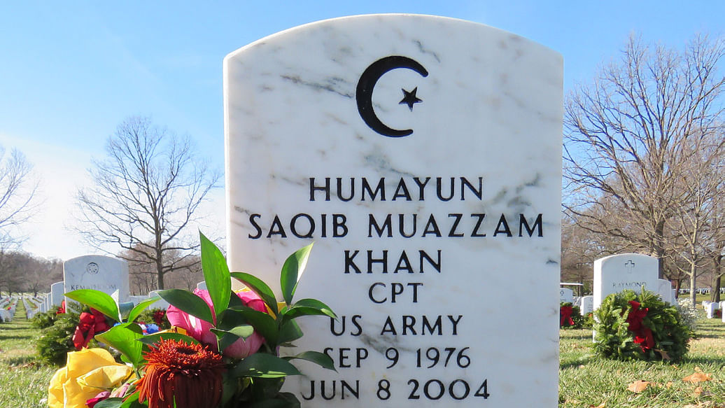 US Army Captain Humayun Khan’s tombstone in Arlington National Cemetery as published in ISIS’ Dabiq magazine with the caption, “Beware of dying as an apostate”. (Photo: <i>Dabiq </i>Magazine, Issue 15)