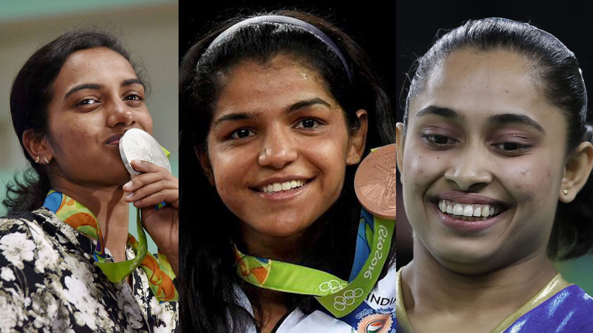 Athletes PV Sindhu, Sakshi Malik and Dipa Karmakar (left to right). (Photo: Altered by <b>The Quint</b>)