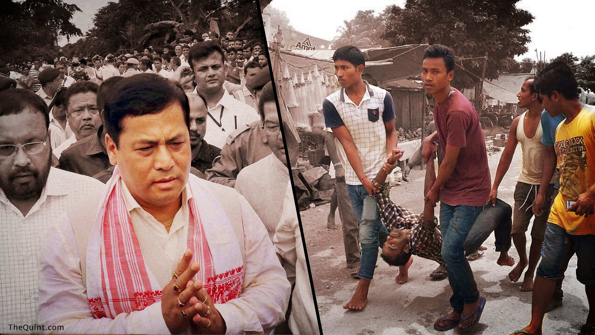 (Photo:Assam chief minister Sarbanand Sonowal (L),Locals take away body of a man killed in Kokrajhar terror attack on 5 August, 2016. (Photo: Agencies/ Altered by <b>The Quint</b>)