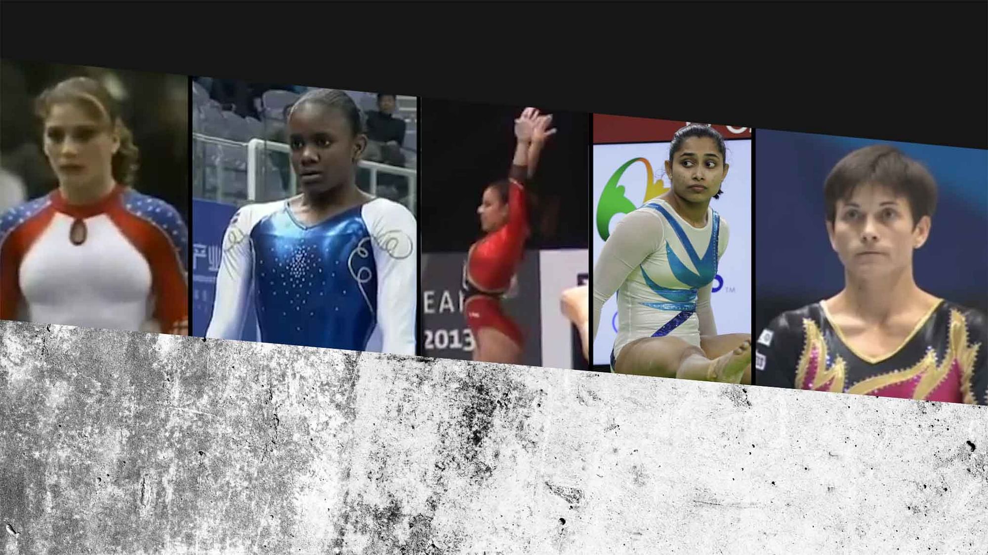 The only five gymnasts till now who have successfully executed the extremely difficult <i>Produnova</i>. (Photo Modified by The Quint)