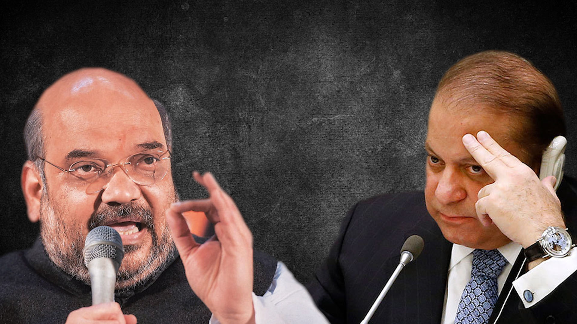 Amit Shah (L) and Nawaz Sharif (R). (Photo altered by <b>The Quint</b>)