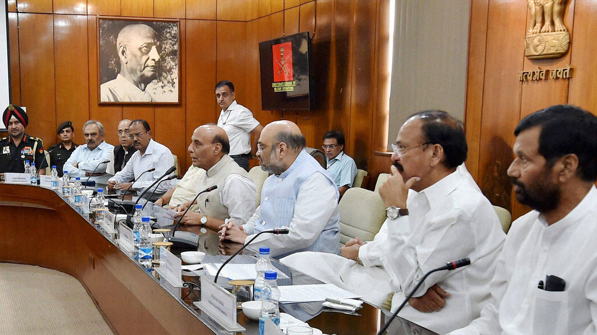 Home Minister Rajnath Singh, Union Ministers M Venkaiah Naidu, Ram Vilas Paswan, BJP chief Amit Shah and others during an all-party meeting in New Delhi on Thursday following Indian Army’s surgical strikes along the LoC on Wednesday night. (Photo: PTI)