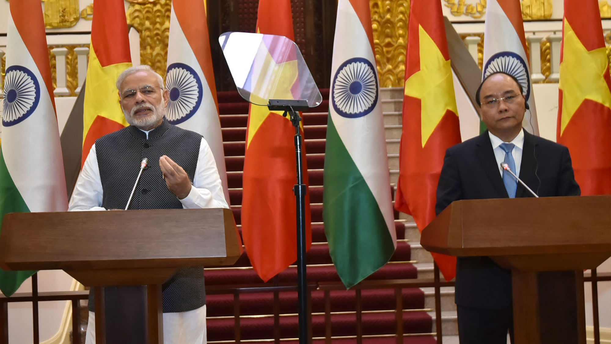 Prime Minister Narendra Modi and the Prime Minister of Socialist Republic of Vietnam, Nguyen Xuan Phuc at the joint media briefing, in Hanoi, Vietnam on Saturday. (Photo: IANS)