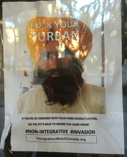 The poster featured a photo of a turbaned Sikh man with a message that said “F**k your Turban”.