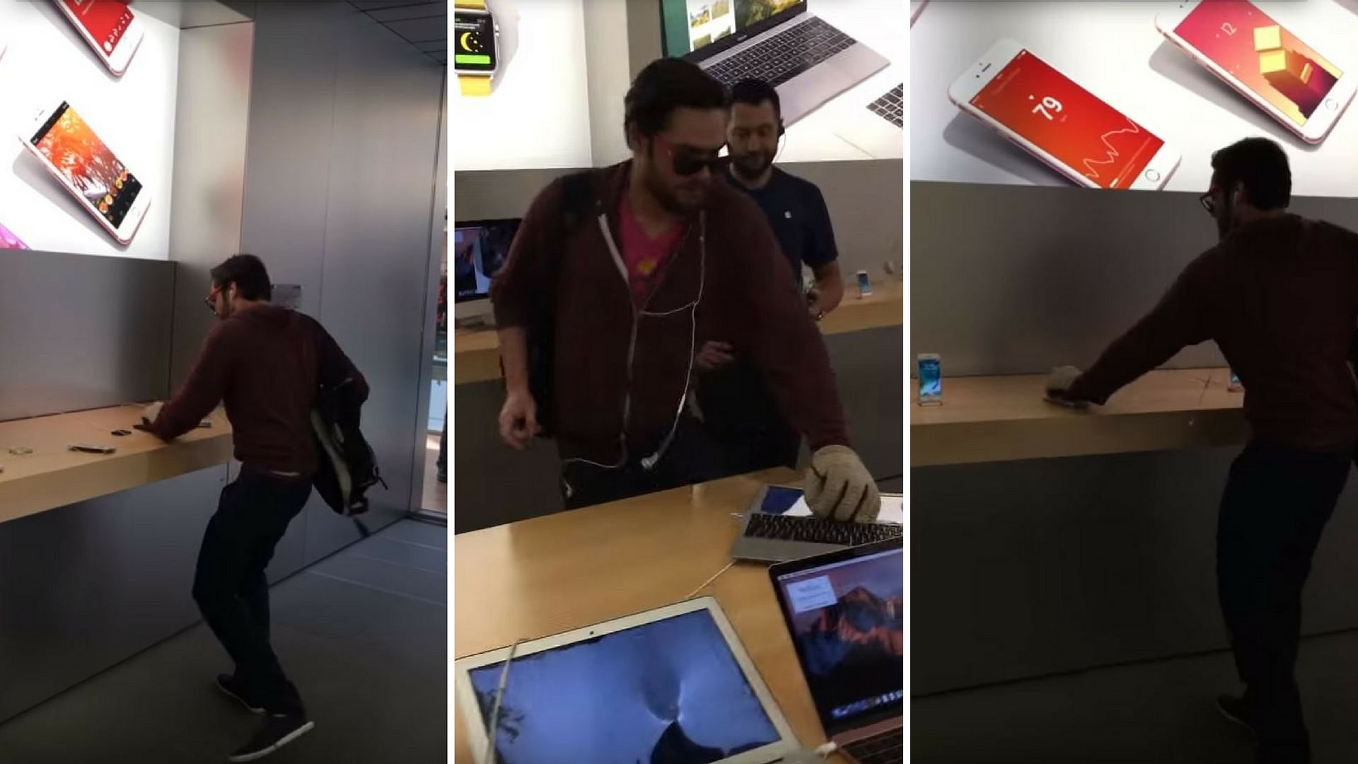 The man can be seen removing display products from the Apple stands and then smashing them with a heavy steel ball. (Photo Courtesy: YouTube/<a href="https://www.youtube.com/channel/UCPQNFpfN4H1gpNBCoJIAtcw">ste cluz</a>)