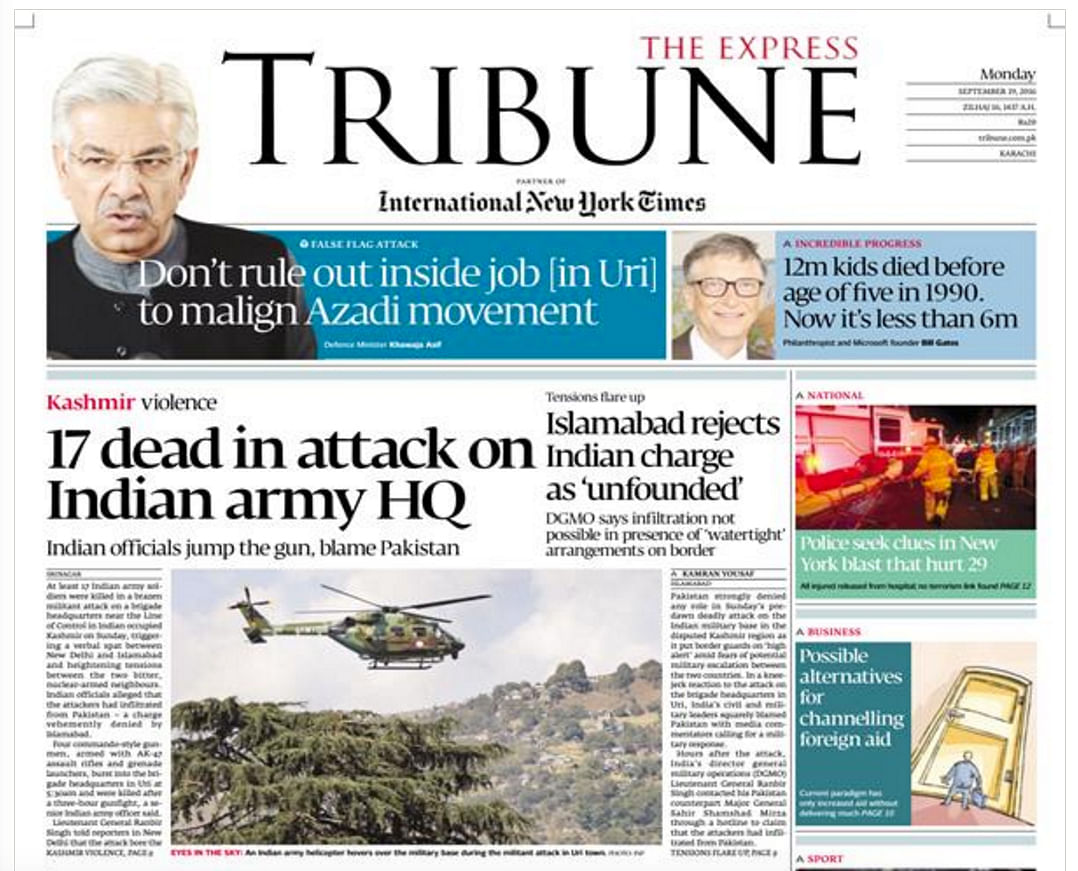 A look at how Pakistani newspapers covered the Uri attack that left 17 jawans dead and over 30 injured. 