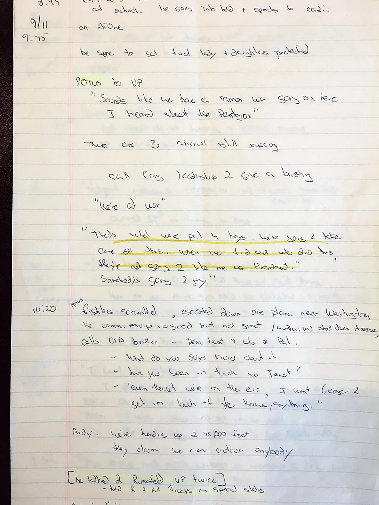 A look at the Fleischer’s notes when President Bush was told that America was officially under attack. (Photo: Reuters) 