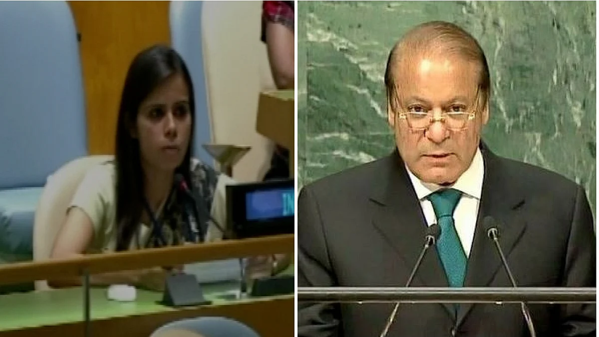 India’s First Secretary to UN Eenam Gambhir (L); Pakistan Prime Minister Nawaz Sharif. (Photo: Altered by <b>The Quint</b>)