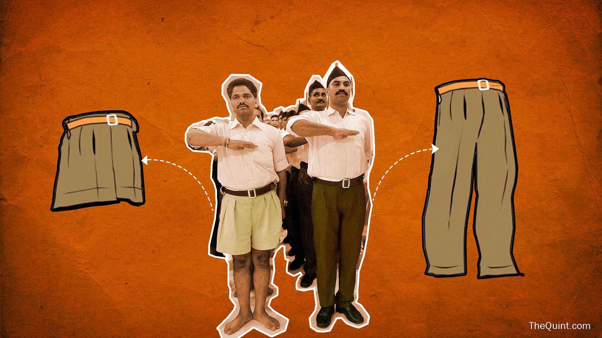

RSS volunteers wear trousers, part of their new code, during a meeting in Bhopal, 4 September, 2016. (Photo: Lijumol Joseph/<b>The Quint</b>)