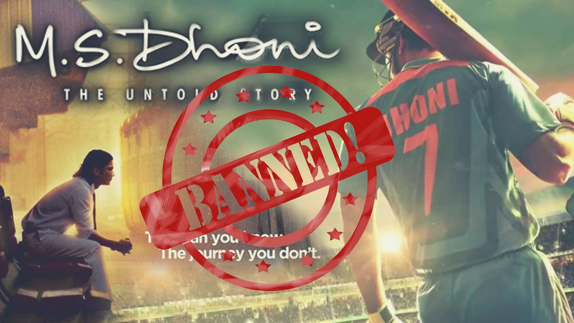 <i>MS Dhoni The Untold Story</i> is not going to be screened in cinema halls in Pakistan. (Photo Courtesy: Poster of MS Dhoni; altered by <b>The Quint</b>)