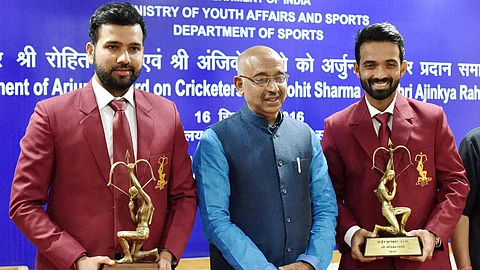 Vijay Goel Honours Rohit Sharma Ajinkya Rahane With Arjuna Award