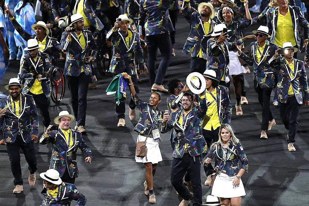 Team Brazil enters the stadium during the Opening Ceremony of the Rio 2016 Paralympic Games at Maracana Stadium on September 7, 2016 in Rio de Janeiro, Brazil.