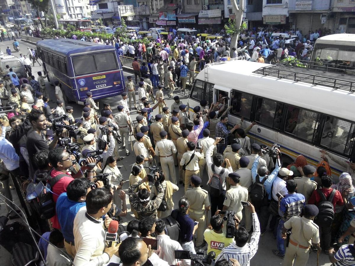 Dalit women protested outside Ahmedabad Municipal Corporation demanding permanency in job.