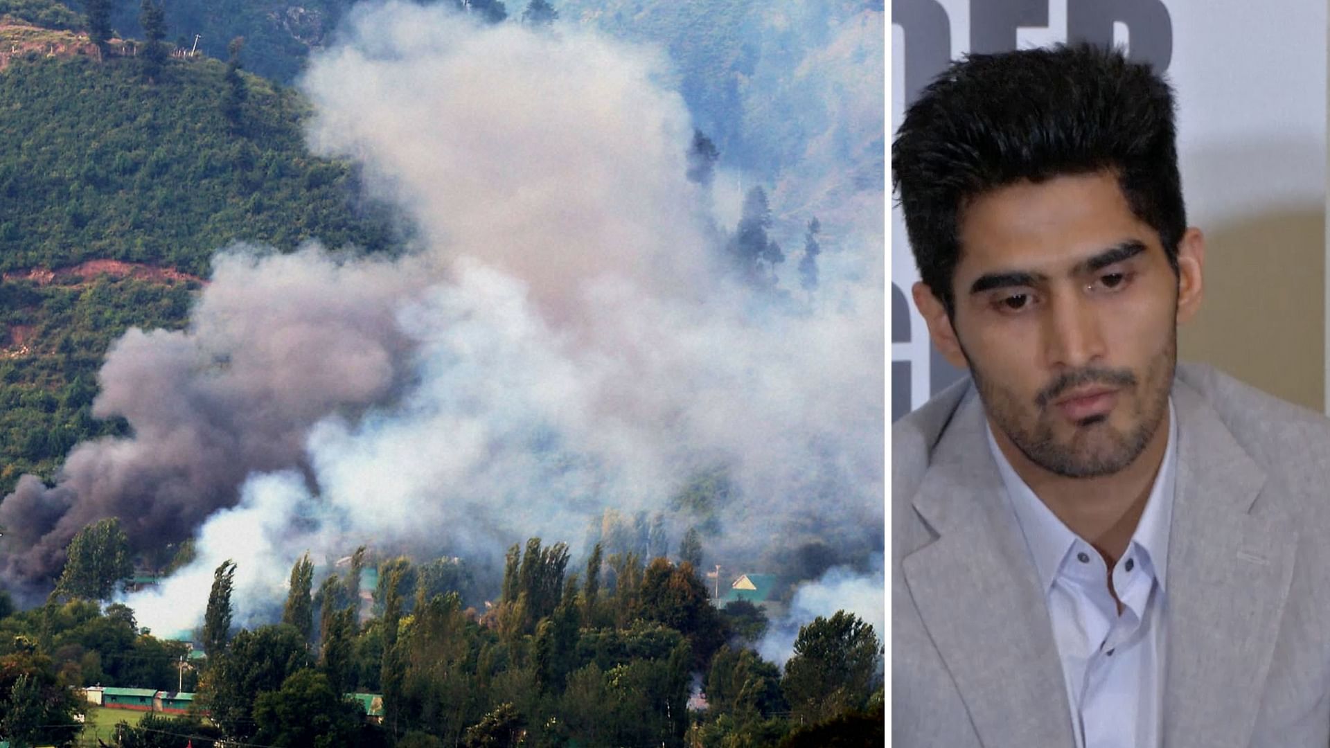 Smoke rises out of the Uri army base camp after the attack (L); boxer Vijender Singh. (Photo: Altered by <b>The Quint</b>)
