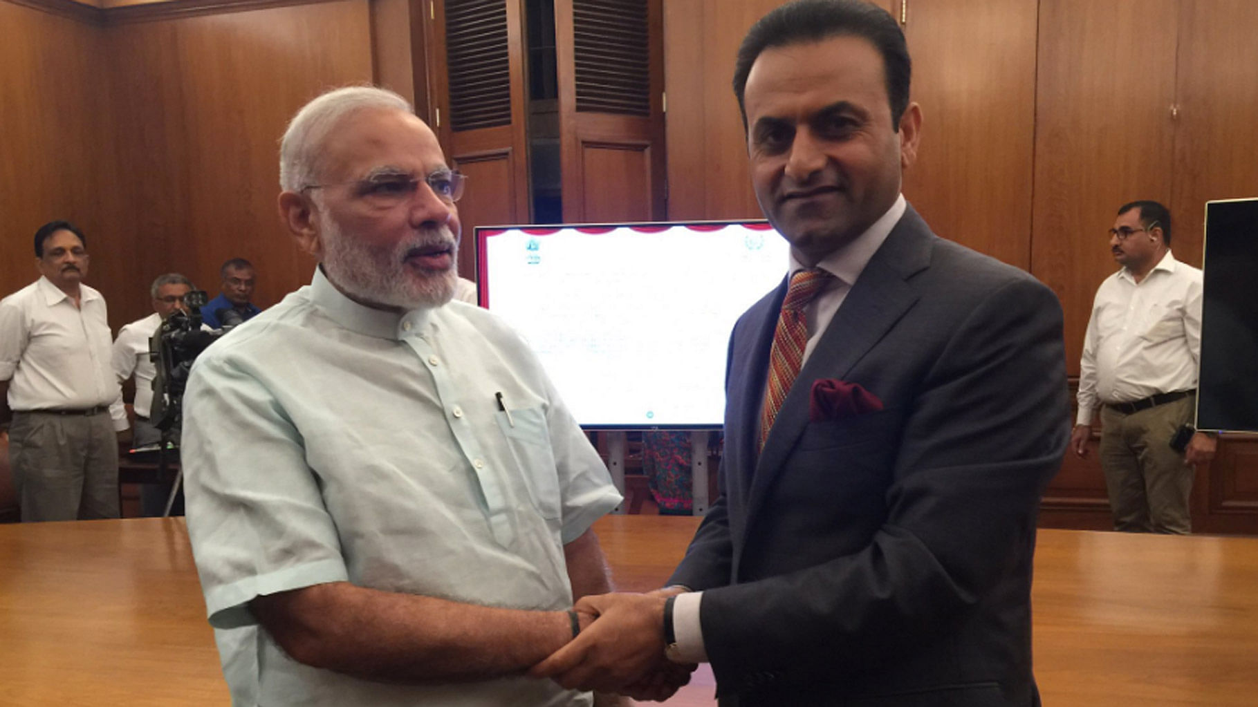 Prime Minister Narendra Modi with Afghanistan’s ambassador to India Dr Shaida Mohammad Abdali. (Photo Courtesy: Twitter/<a href="https://twitter.com/ShaidaAbdali/status/767674005981585408">@ShaidaAbdali</a>)