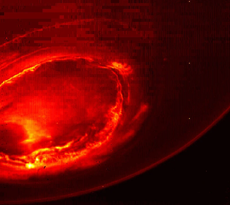 This infrared image from Juno provides an unprecedented view of Jupiter’s southern aurora. Such views are not possible from Earth. (Photo: IANS)
