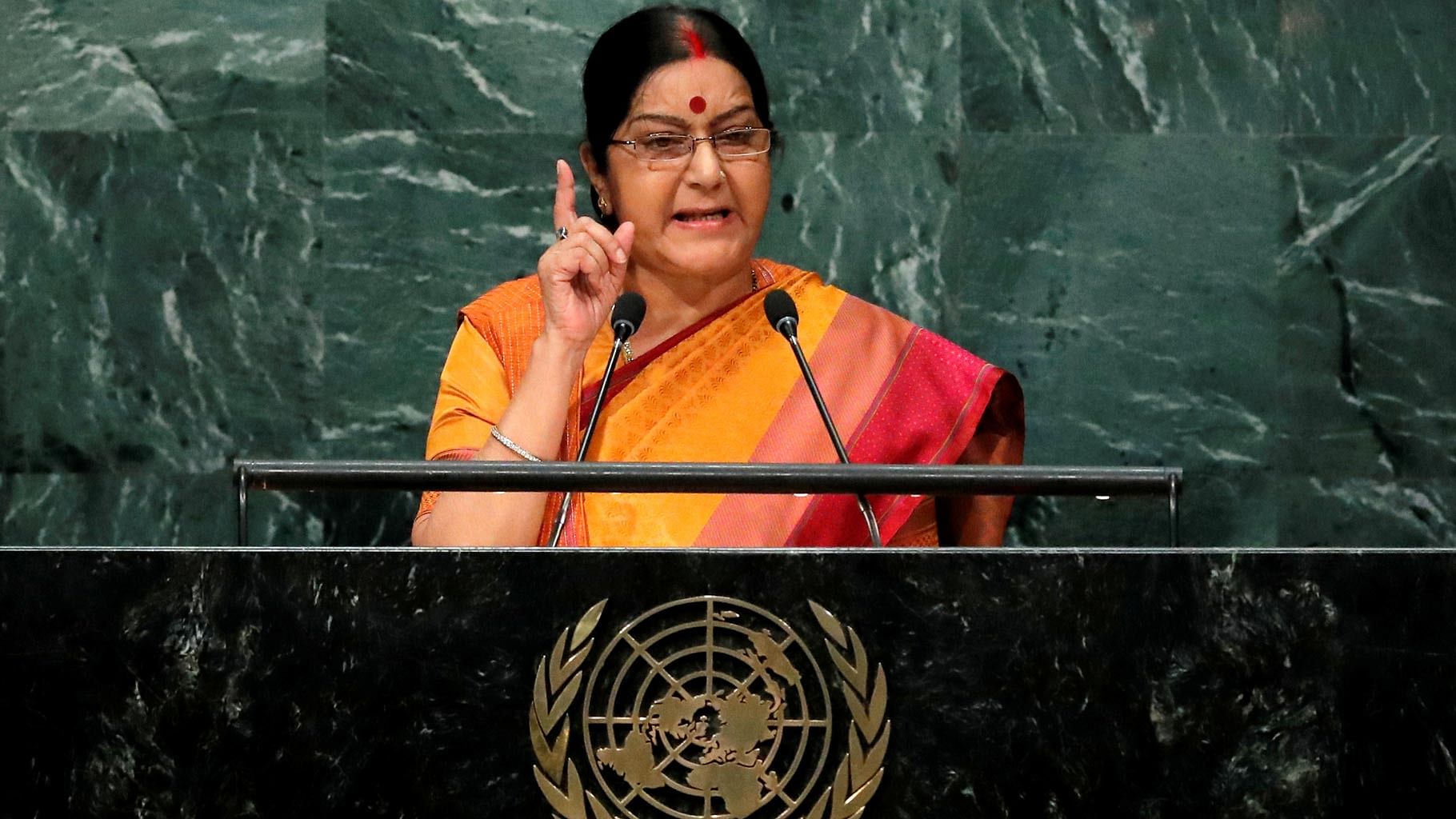 Minister of External Affairs Sushma Swaraj addresses the UNGA in the Manhattan borough of New York, US, on 26 September 2016. (Photo: Reuters)