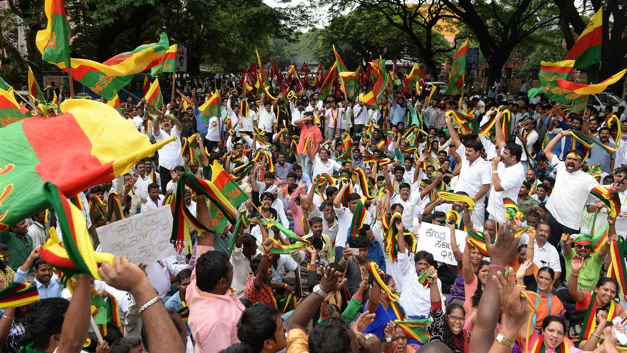People take part in a rally calling for a Karnataka bandh condemning the Mahadayi Water dispute tribunal order in Bengaluru on July 30, 2016. (Photo: IANS)