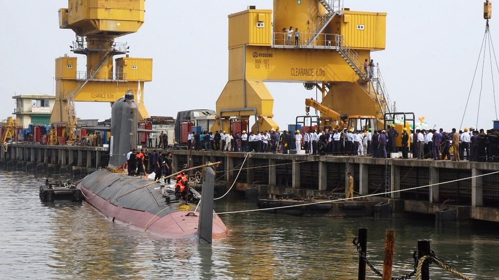 

A view of INS Kalvari, the first of six Scorpene diesel-electric attack submarines  that began its sea trials at Mazagon Dockyard Ltd   in Mumbai  29 October, 2015. (Photo: IANS)